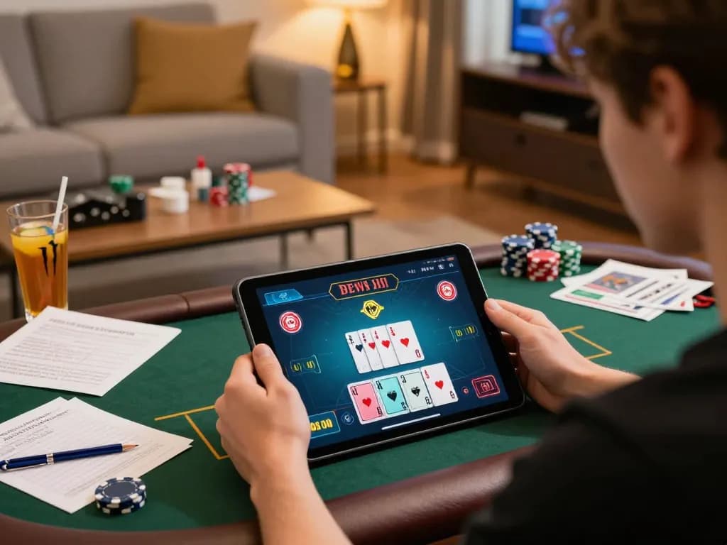 Player enjoying an intense poker game on mv66 with virtual chips and cards displayed on a tablet.
