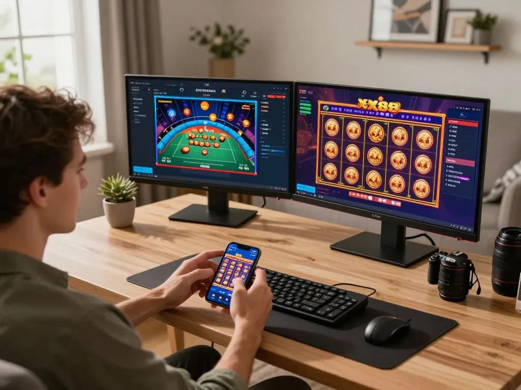 Player engaging with the XX88 casino app on a smartphone in a cozy home setup.