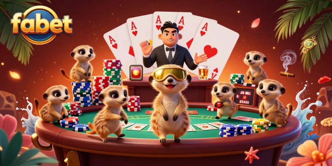 fabet meerkats managing an adventurous casino with colorful poker elements and vibrant atmosphere