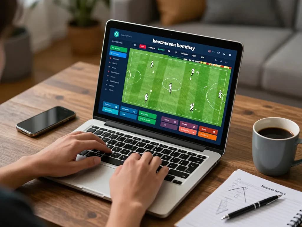 Engaging in keo nha cai hom nay through online sports betting on a laptop, showcasing live odds and match data.