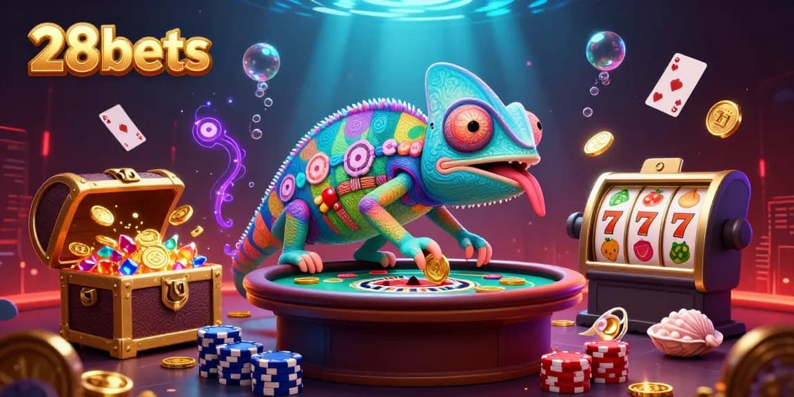 Experience the dynamic gaming world of 28bets with this vibrant casino illustration featuring a chameleon owner.