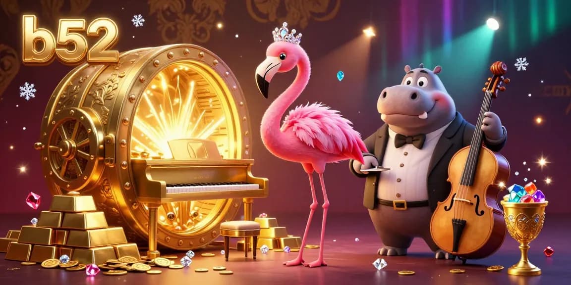 b52 casino scene showcasing a vibrant flamingo singer and hippo bassist surrounded by treasure and dazzling lights.