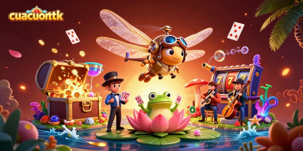 Experience excitement at cuacuonttk casino with vibrant dragonfly pilot and frog dealer in a lively setting.