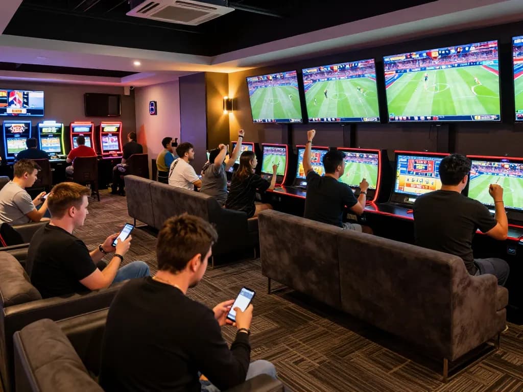 Betting excitement at gg88live sports lounge with patrons engaged in live events.