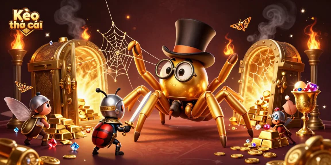 Kèo nhà cái highlighted in a vibrant 3D illustration with a golden tarantula and a brave beetle knight amidst casino treasures.