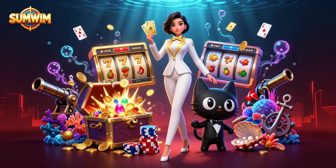 Experience SUMWIM with a glamorous dealer in action, showcasing vibrant casino elements.