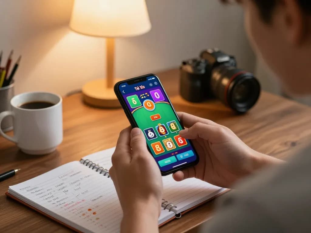 Engaging with the Tài Xỉu app on smartphone, showcasing a cozy gaming setup for responsible gambling at taixiuvn.