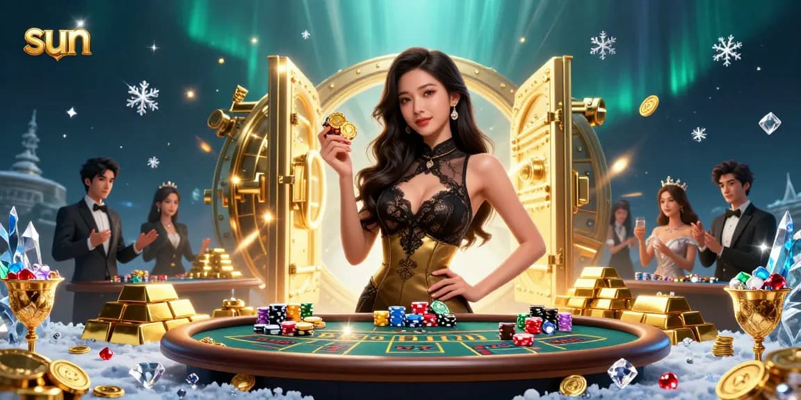 Sun shines on a glamorous baccarat table with players and golden casino chips.