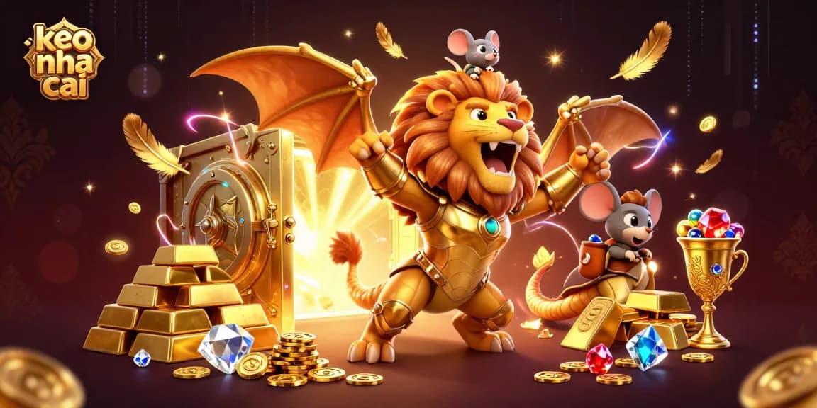 Experience thrilling betting with keo nha cai amidst treasures and a roaring chimera creature.