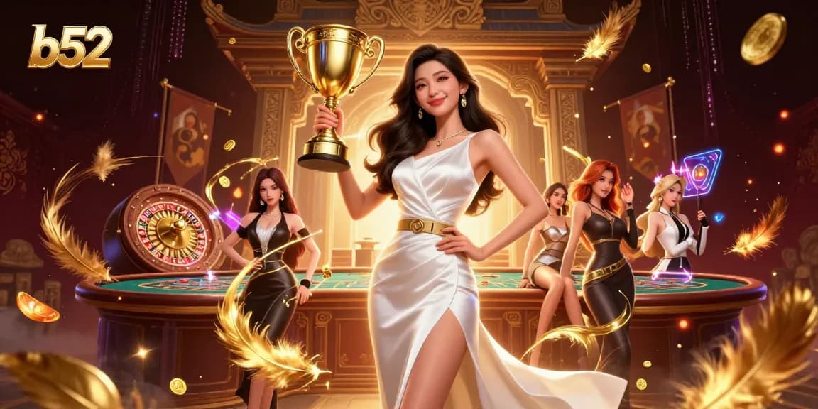 Experience the excitement of b52 with a glamorous Asian woman and vibrant casino elements.