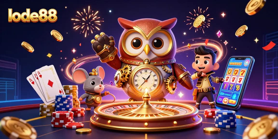 Lode88 showcases a vibrant 3D cartoon casino scene with an owl and mouse, celebrating wins with coins and cards.