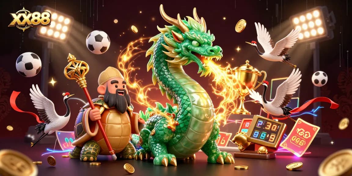 Experience thrilling gameplay at xx88 with a vibrant 3D illustration of lucky symbols and dynamic sports elements.