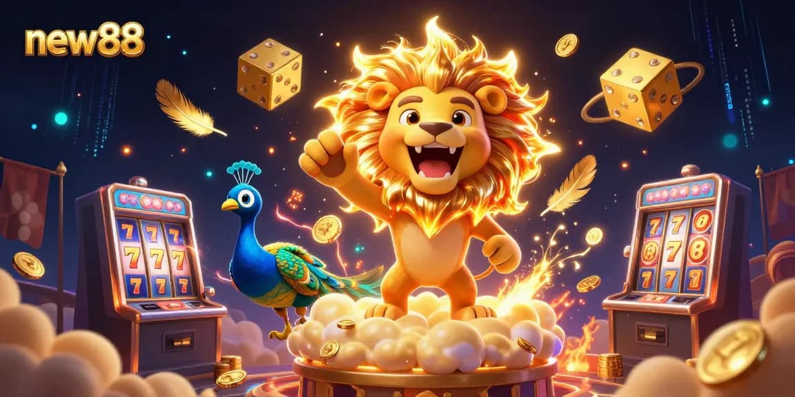 Play slots at new88 casino with a roaring lion, golden dice, and vibrant energy in a colorful gaming scene.