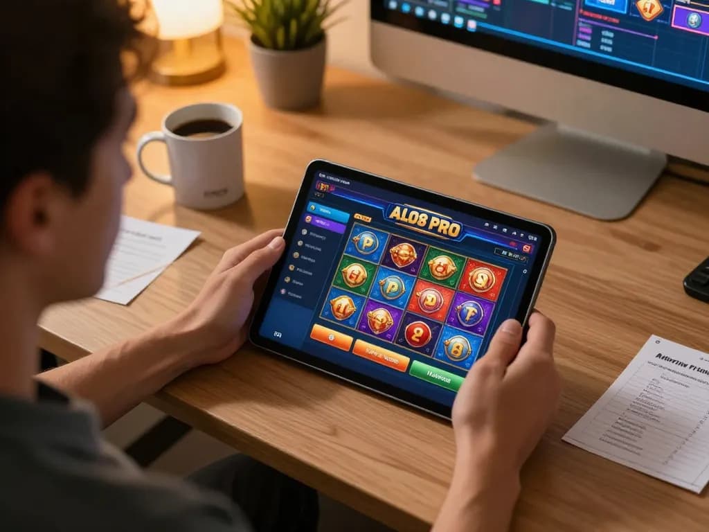 Player engaging with ALO8 PRO online casino interface in a cozy home office setting while strategizing bets.