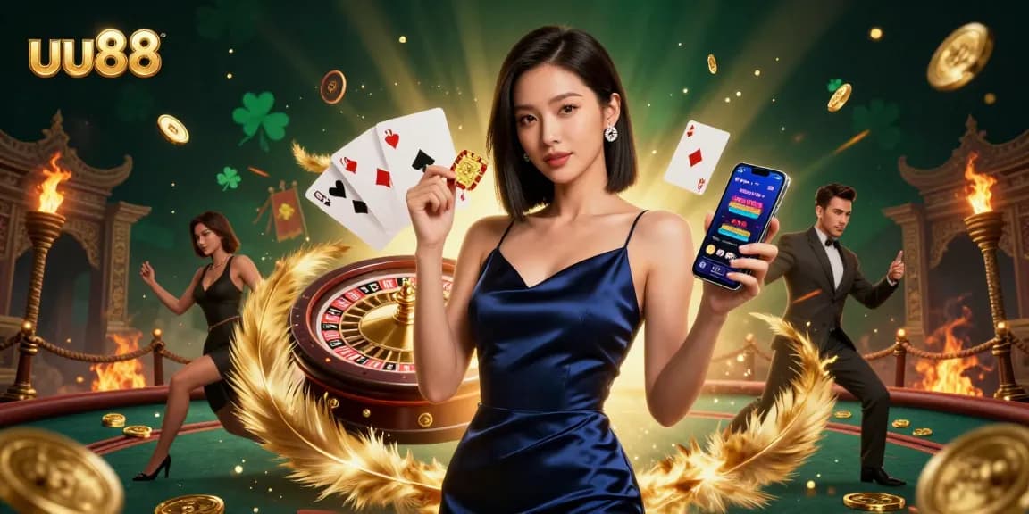 Engage in exciting gambling at uu88, showcasing a stunning Asian woman with a golden chip and casino app.