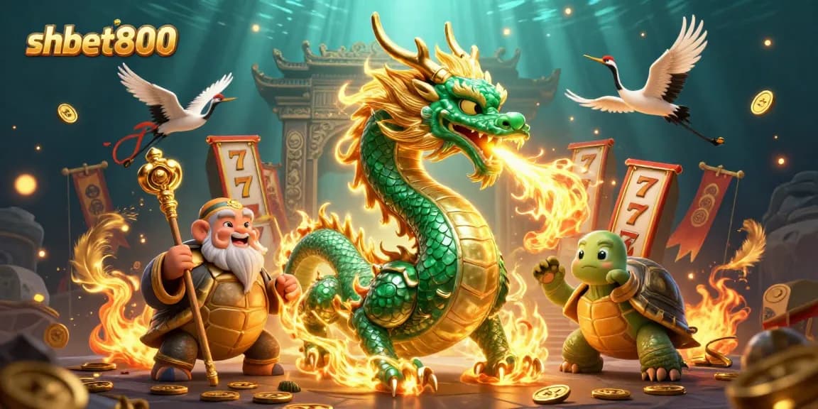 Experience shbet800 through an illustration of a jade dragon and turtle sage in a vibrant casino scene.