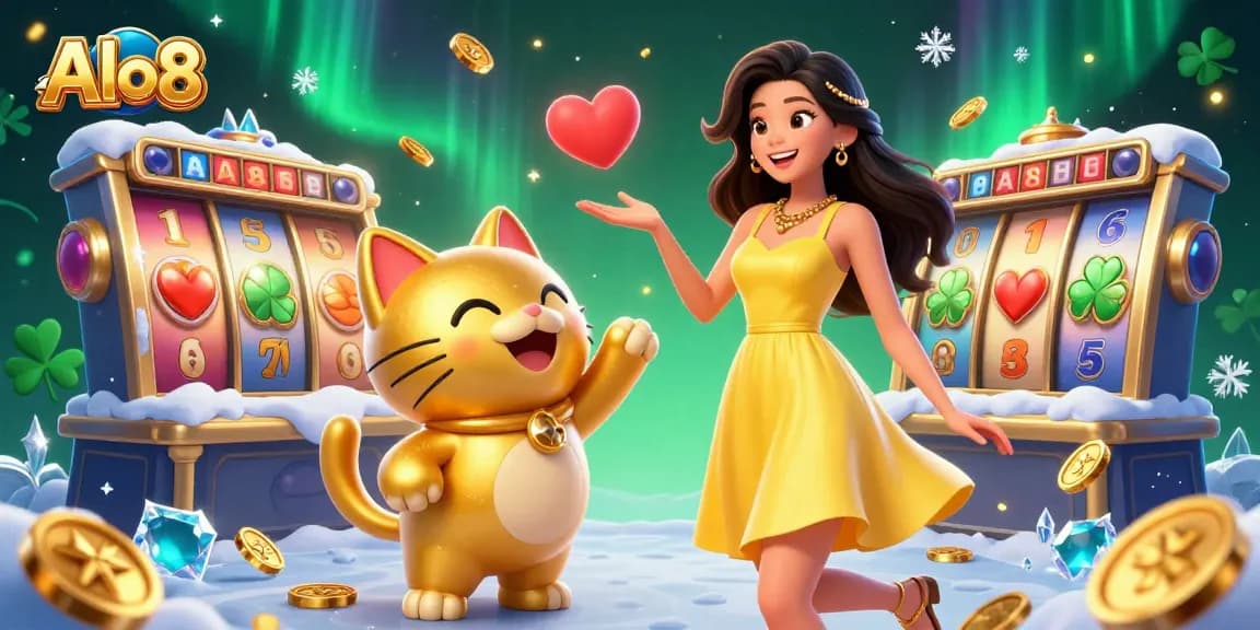 Alo8 features an engaging scene with a cheerful Asian woman and a golden lucky cat, surrounded by vibrant slot machine elements.