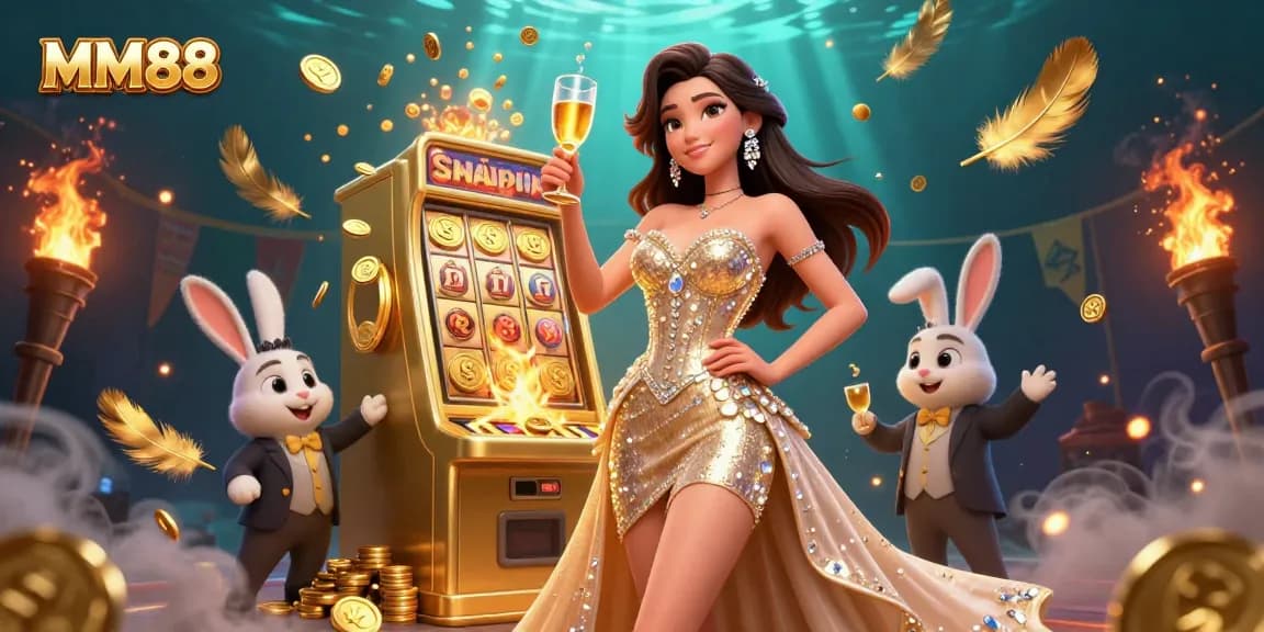 MM88 players celebrate with a jackpot win beside a golden slot machine and a bunny croupier.