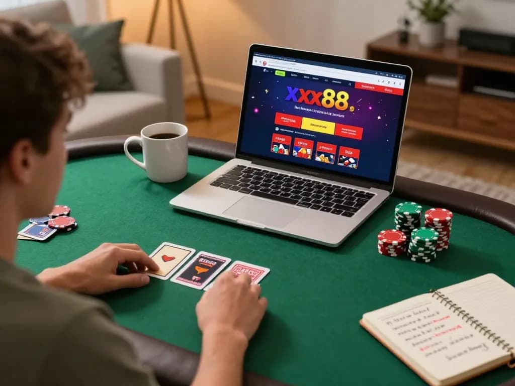 Player engaging with xx88's online casino interface in a cozy home setting, emphasizing strategic gameplay.