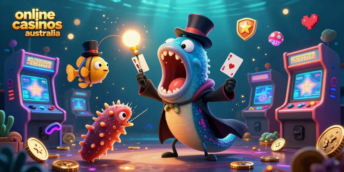 Engaging scene showcasing online casinos australia with colorful characters performing magic tricks.