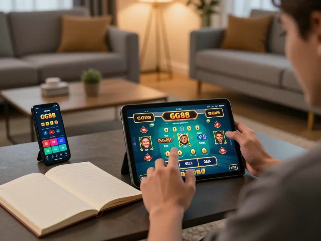 Player engaging with GG88 online casino on a tablet, showcasing responsible gaming in a cozy home.