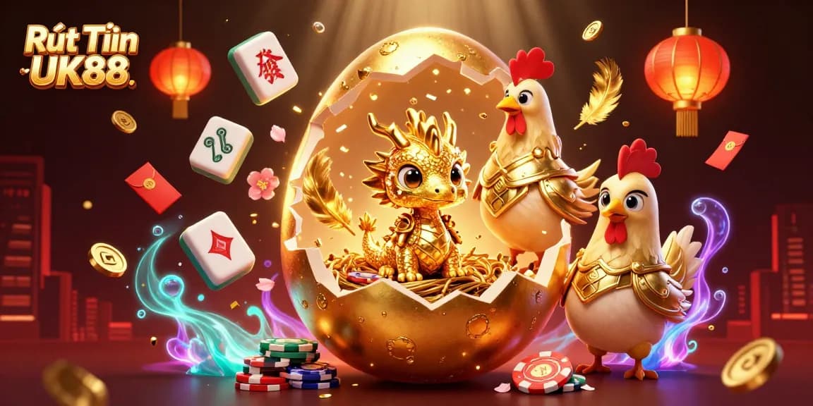 Engage with Rút Tiền UK88 in a vibrant casino-themed fantasy illustration with a golden dragon.