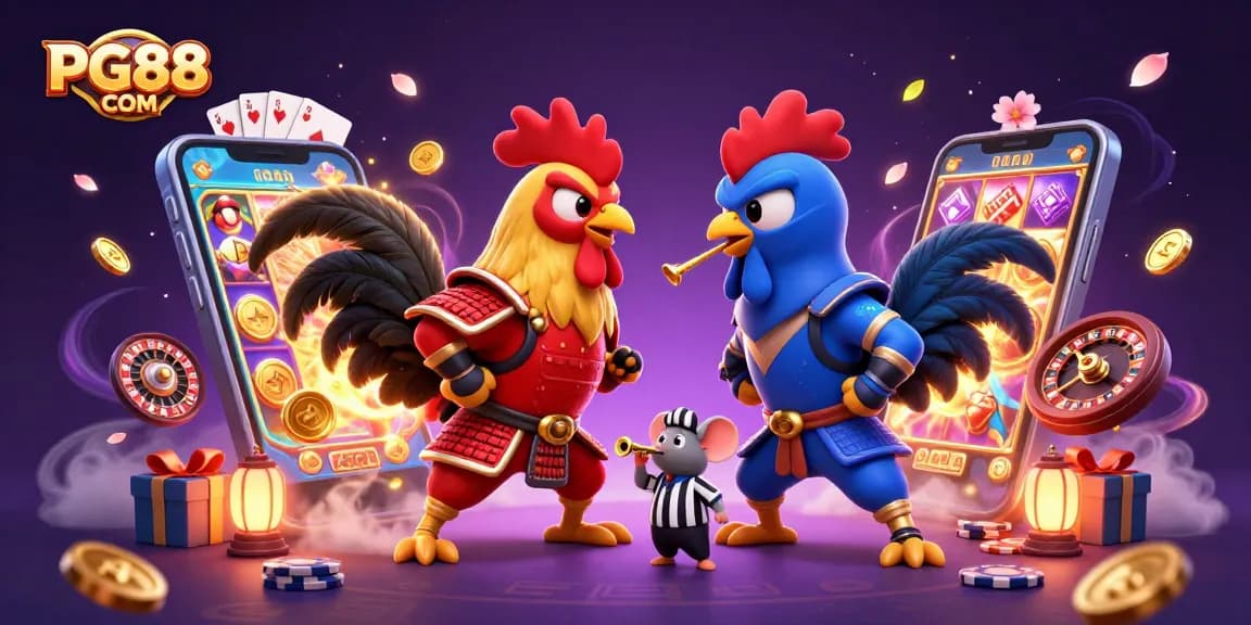 Engage with the vibrant world of PG88 COM featuring dynamic rooster duel amidst colorful gaming elements.