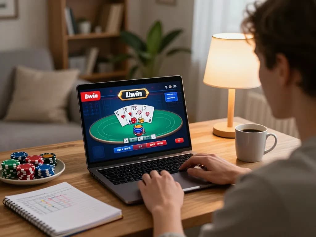 Engaging in LLwin ink online casino poker game in a cozy home setting with snacks and strategy notes