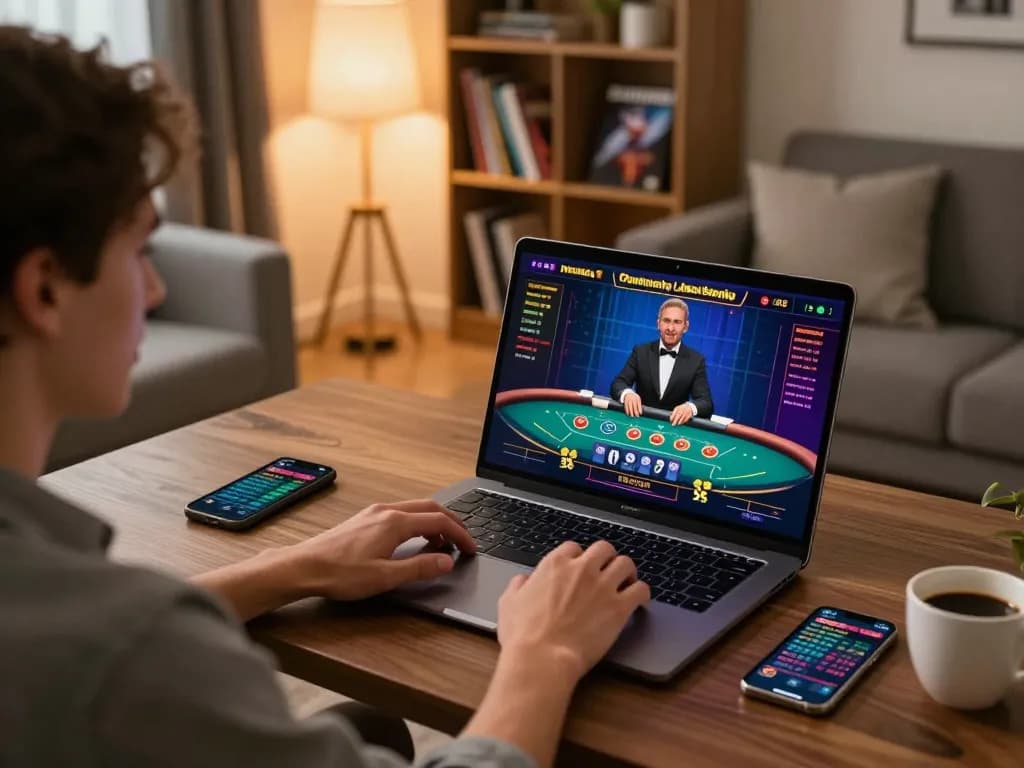 Engaging in online blackjack with mm88, showcasing a live dealer experience on a laptop.