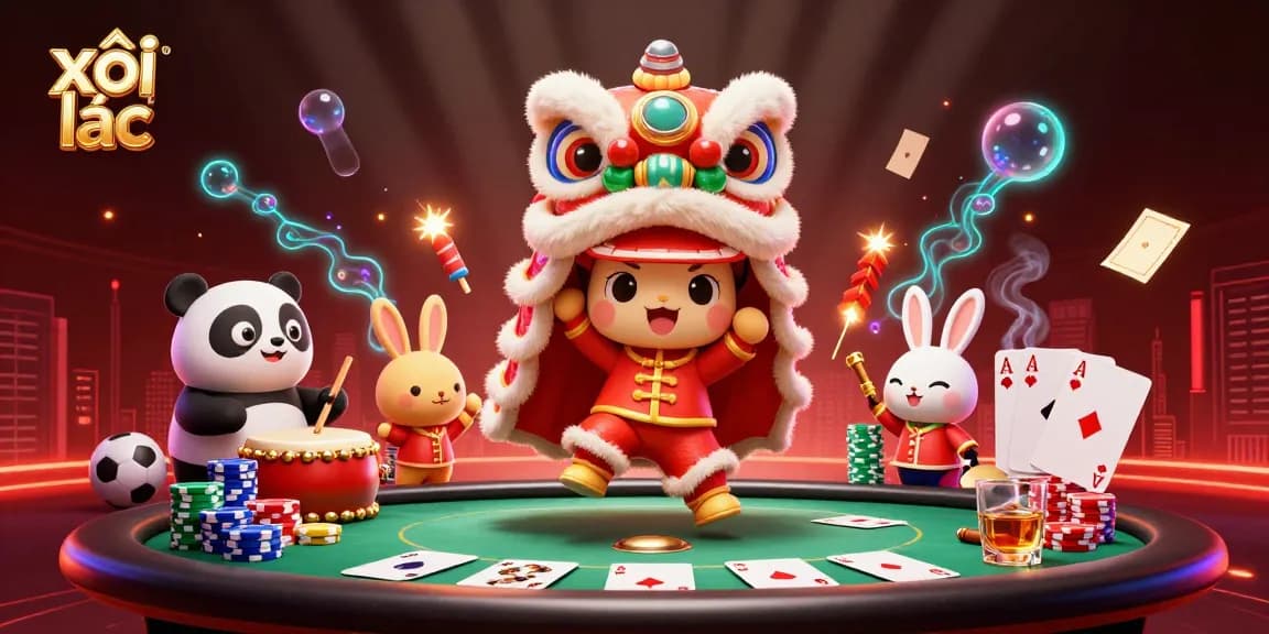Engage with xôi lạc tv through vibrant 3D casino scene filled with excitement and festive decorations.