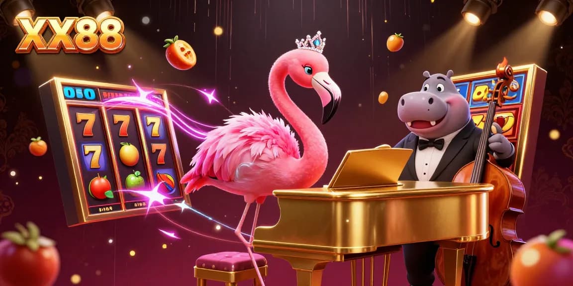 Experience thrilling casino fun with XX88's vibrant flamingo singer and hippo bassist.