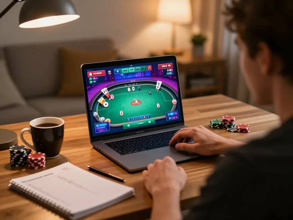 KJC player engaged in online poker gameplay, showcasing strategy notes and a cozy home setting.
