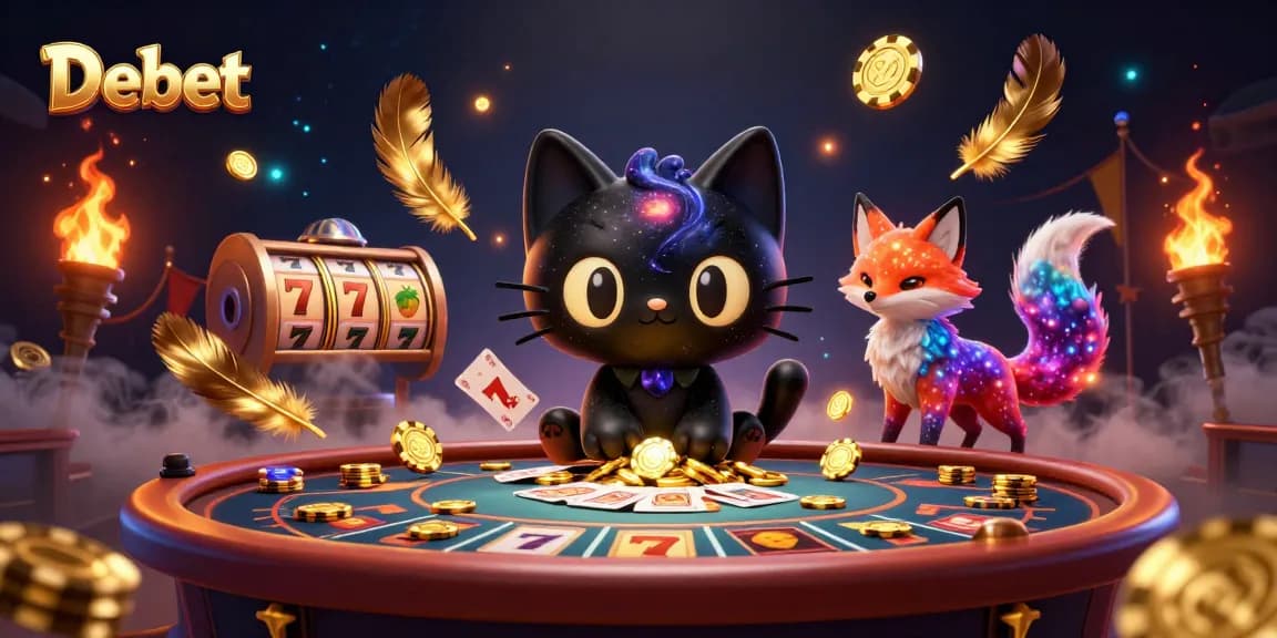 Experience thrill with Debet at a cosmic casino table with animated characters and golden chips.