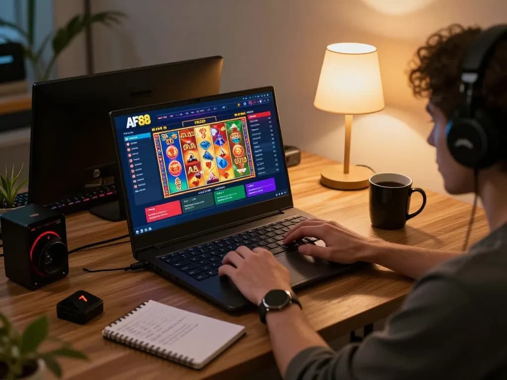 Player using AF88 for thrilling online betting on a stylish laptop in a warm atmosphere