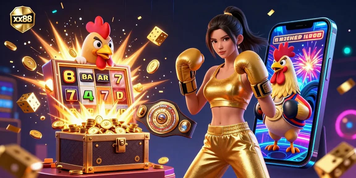 Spin the reels at xx88 with dynamic casino elements and exciting jackpot thrills in this vibrant illustration.