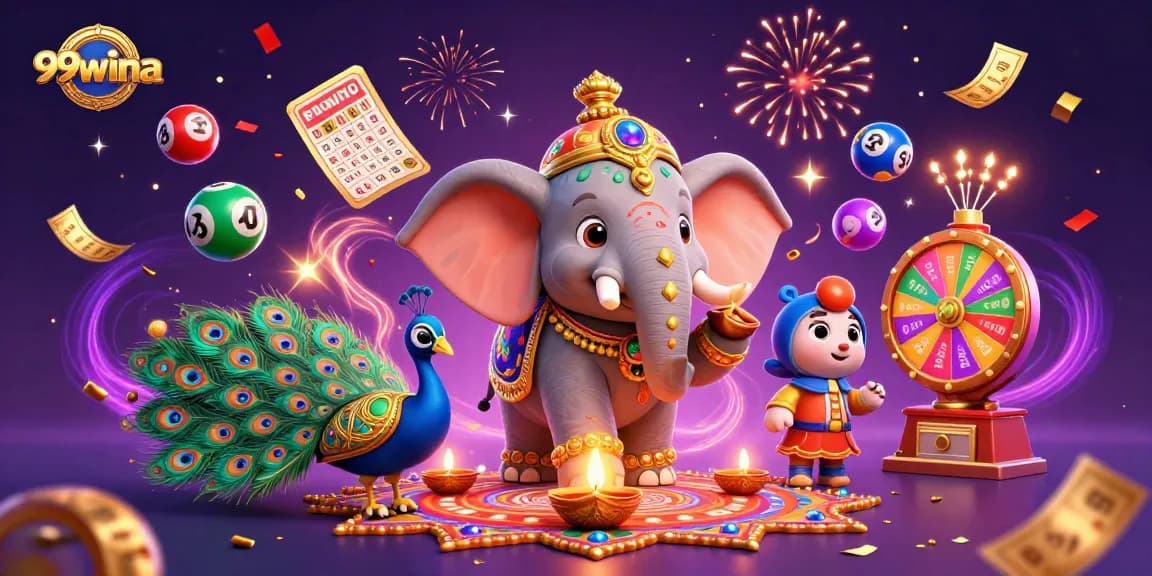 Win big at 99wina with vibrant gaming elements and festive symbols surrounding a majestic elephant and peacock.