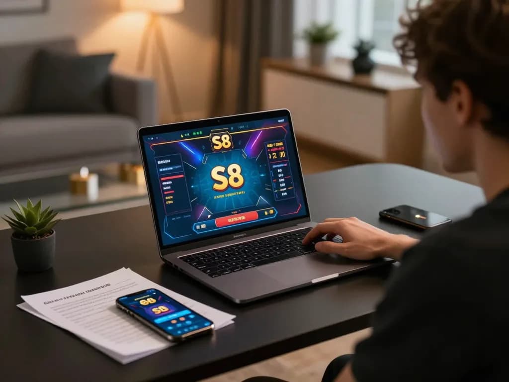 S8 online gaming interface displayed on a laptop during a cozy home gaming session