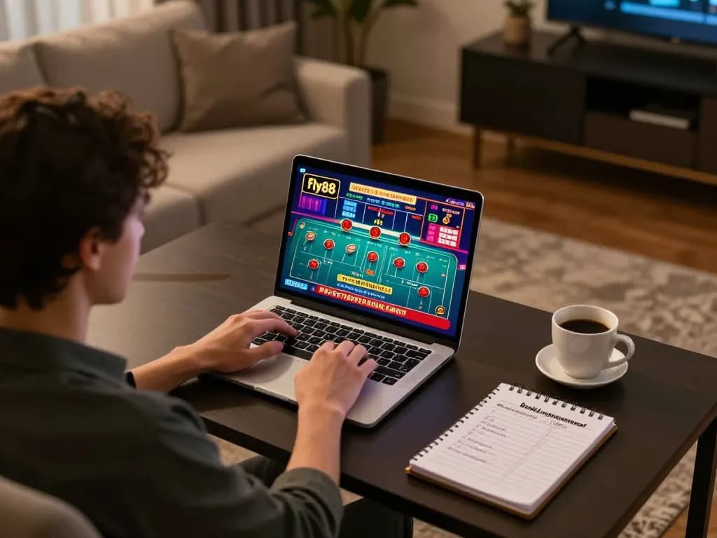 Engaging in immersive fly88 gaming experience from home with laptop and strategic notes