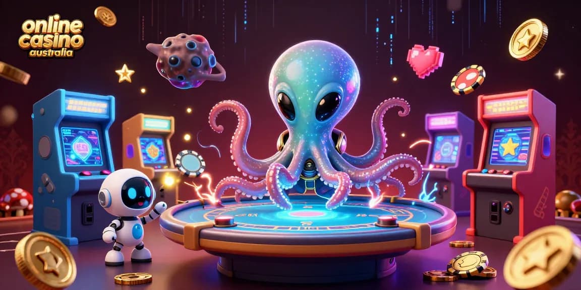 Engage in an exciting online casino Australia scene featuring a playful alien octopus and arcade elements.