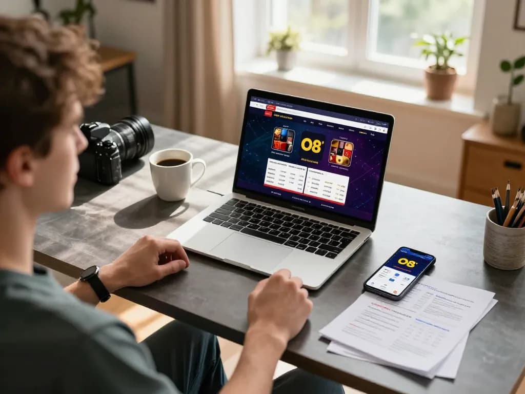 Player engaging in online gaming at O8's casino platform from a cozy home setting.