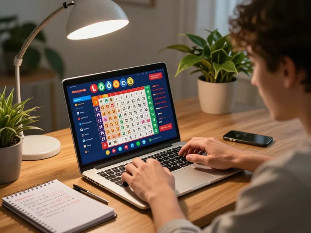 Engaging scene of a person strategically placing bets on lô đề online with a laptop, showcasing a vibrant home gaming setup.
