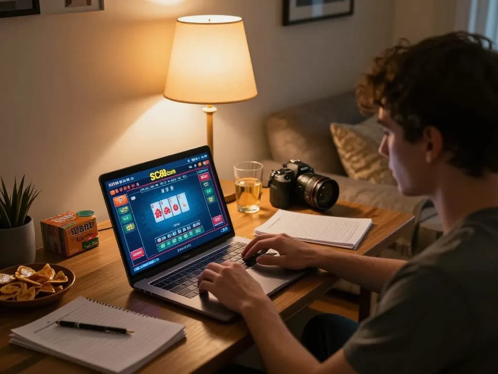 Engaging in online gaming through SC88 Com in a cozy home setting, showcasing strategic gameplay.