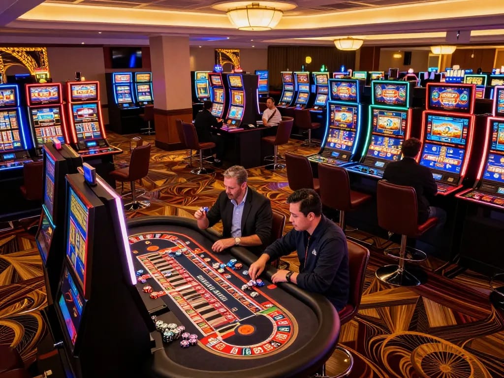 Players enjoying vibrant keonhacai slots and roulette action in a bustling casino atmosphere