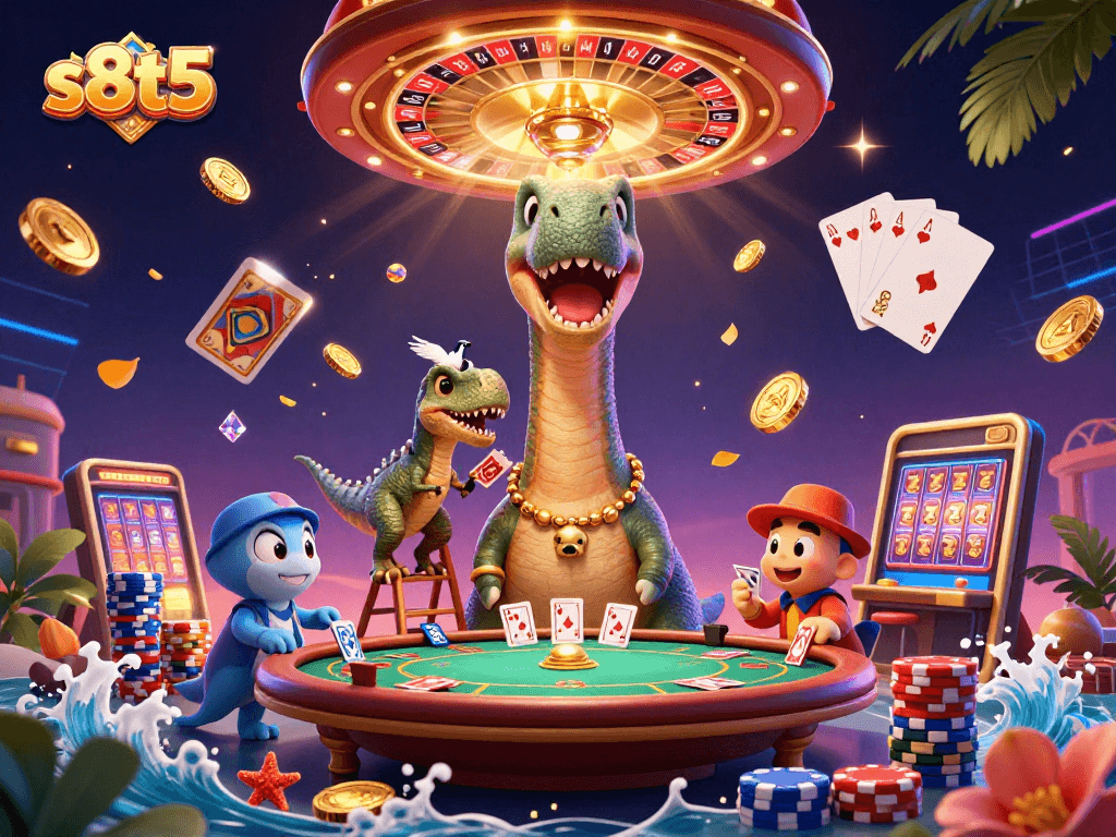 Experience excitement with s8t5 as a cartoon brontosaurus surveys a lively casino scene of games and winnings.