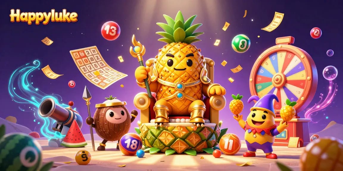 Experience the excitement of Happyluke with dynamic games and vibrant colors in this imaginative casino scene.