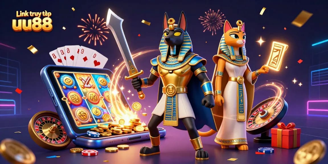 Tham gia trò chơi tại Link truy cập uu88 với hình ảnh Anubis và Bastet trong thế giới casino.