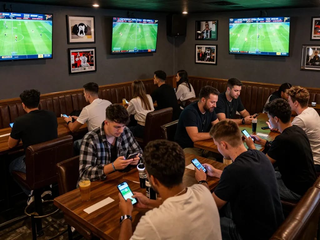 Tỷ lệ kèo nhà cái displayed on screens in a lively sports bar with friends actively placing bets.