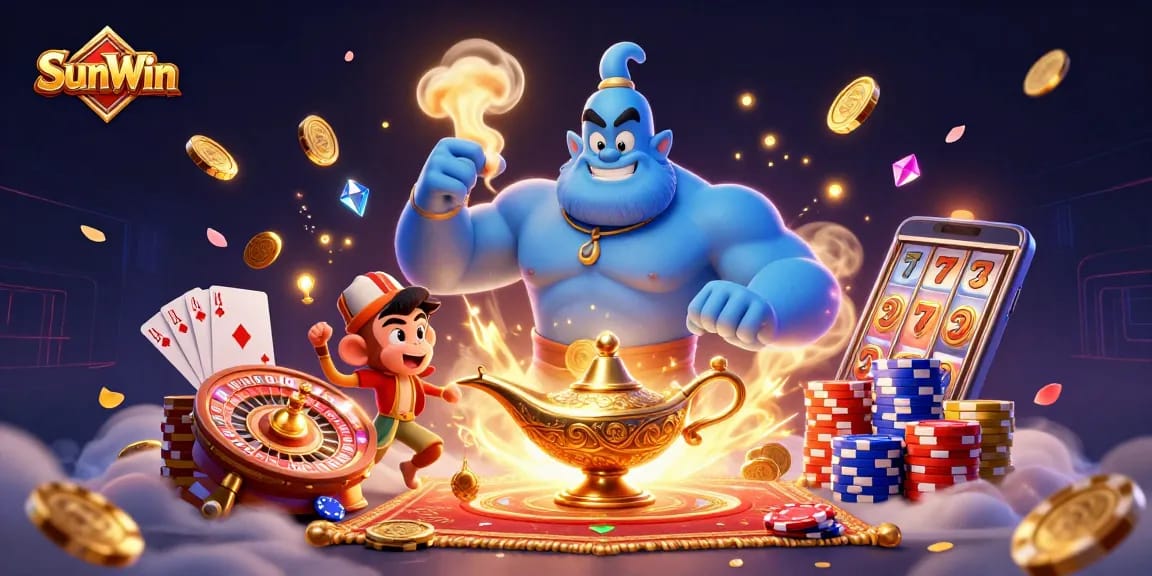 Spin the reels with SunWin! Enjoy thrilling casino gaming featuring a magical genie and dynamic elements.
