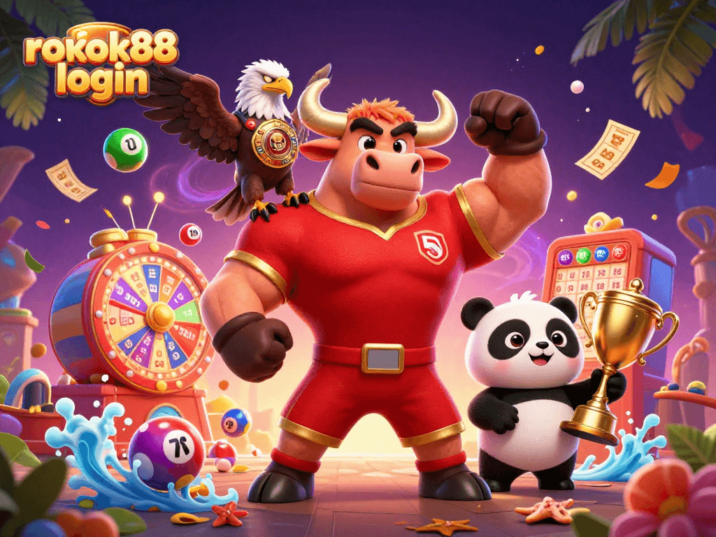 Experience exciting wins with rokok88 login featuring vibrant lottery elements and dynamic casino mascots.