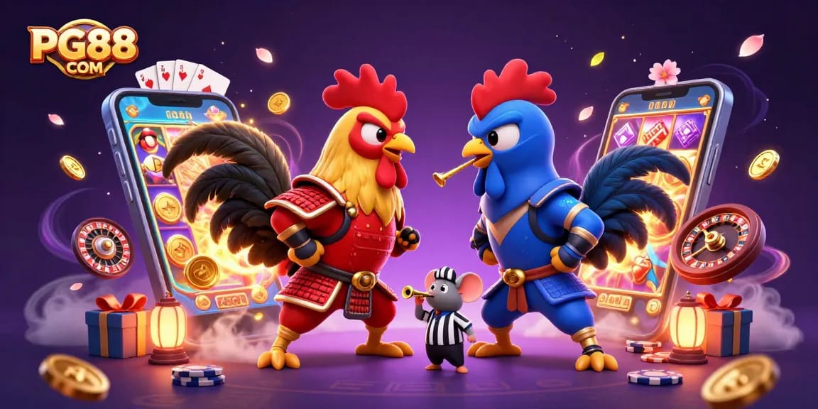 Engage with the vibrant world of PG88 COM featuring dynamic rooster duel amidst colorful gaming elements.